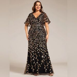 🆕 Fashion Plus Size V Neck Mermaid Sequin & Tulle Evening Dress